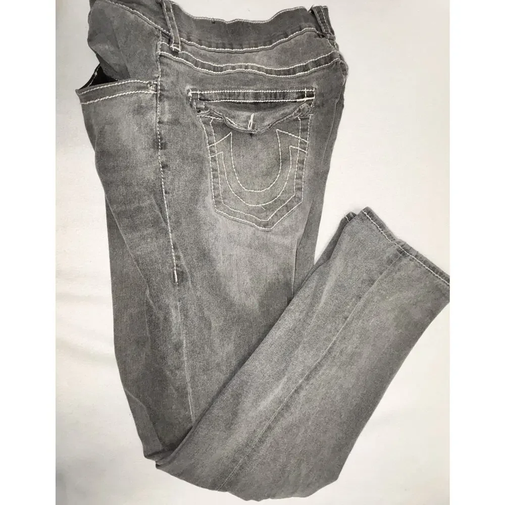 True Religion Jeans 34x32.5 Gray Ricky Flap Pocket Straight Leg Distressed READ